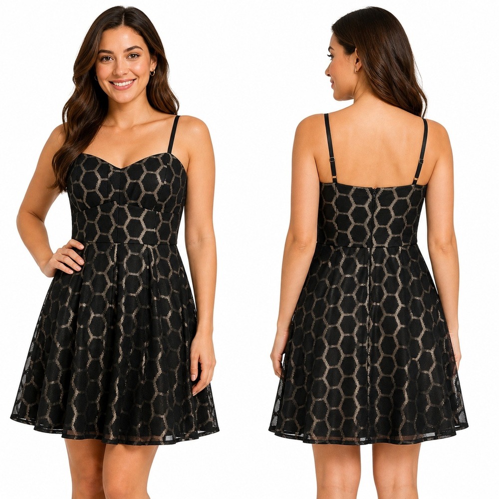 Lily Rose Deess Womans XL Black Honeycomb Mesh Fit and Flare Nude Lining